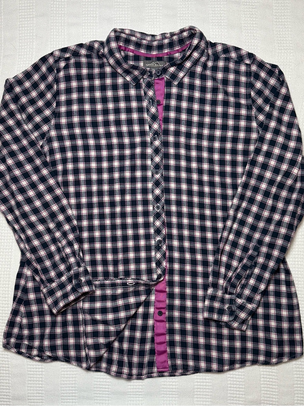 Eddie Bauer Plaid Flannel Shirt Womens XXL 2XL Navy Pink Ribbon Accent Top